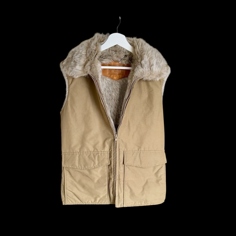 Vintage 70's Woolrich Faux Fur Lined Vest Small Tan Made In USA *Flaw Back